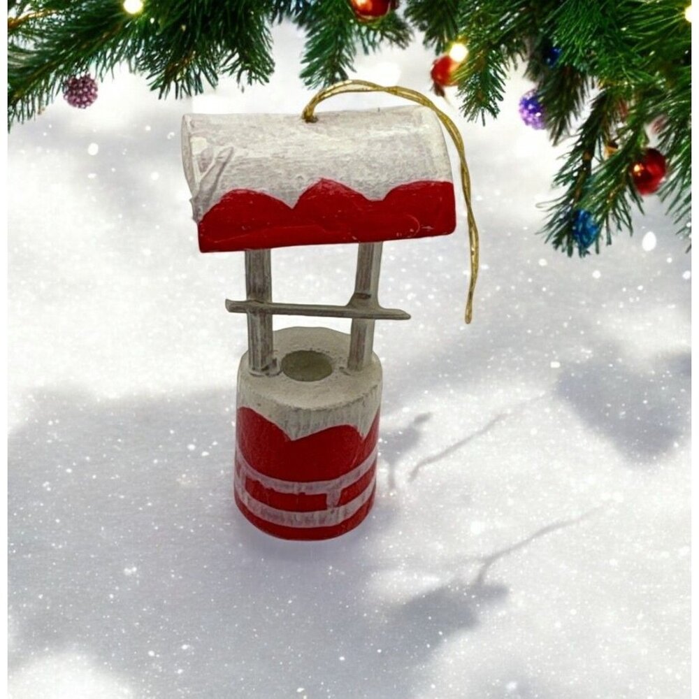 Vintage Wishing Well Christmas Ornament Mini Red White Hand Painted